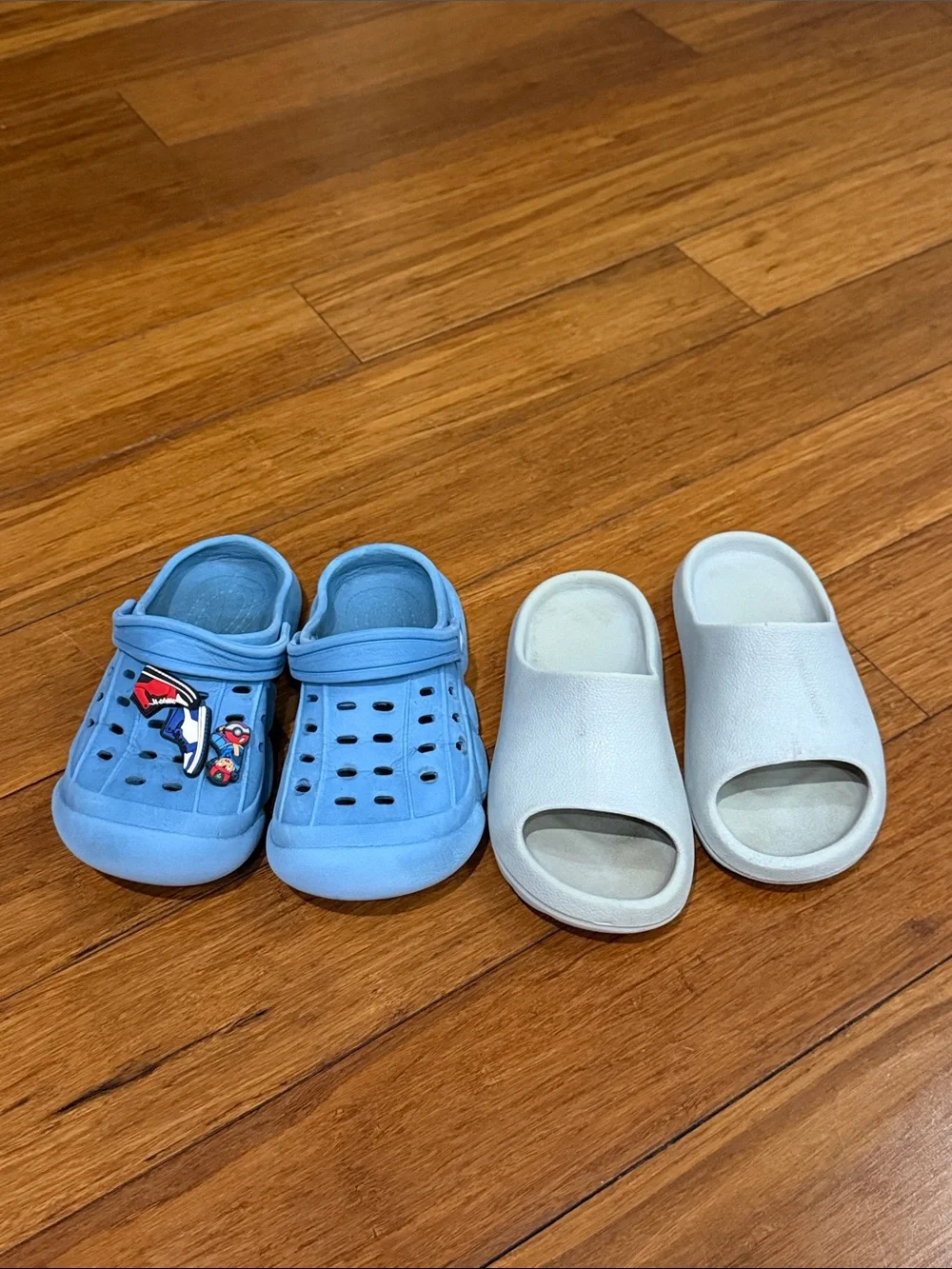 Bundle 2x Kids Blue Slip-On Clogs and White Slide Sandals size 10
